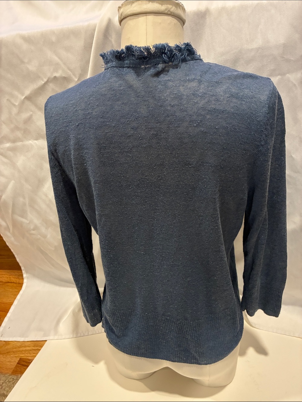 NIC+ZOE Cardigan Frayed-Trim Open Front Cardigan - Blue Linen/ Viscose Blend MED - Picture 8 of 15